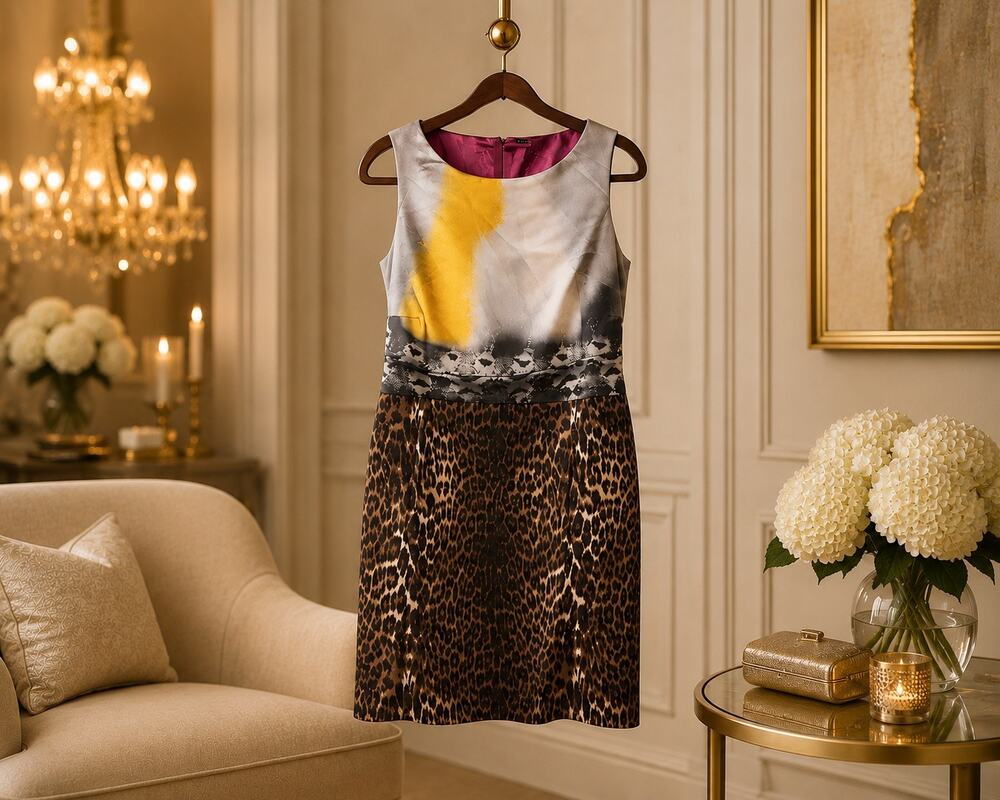 Elie Tahari Old Money Up Town Silk Animal Print Tie Dye Sleeveless Dress Chic